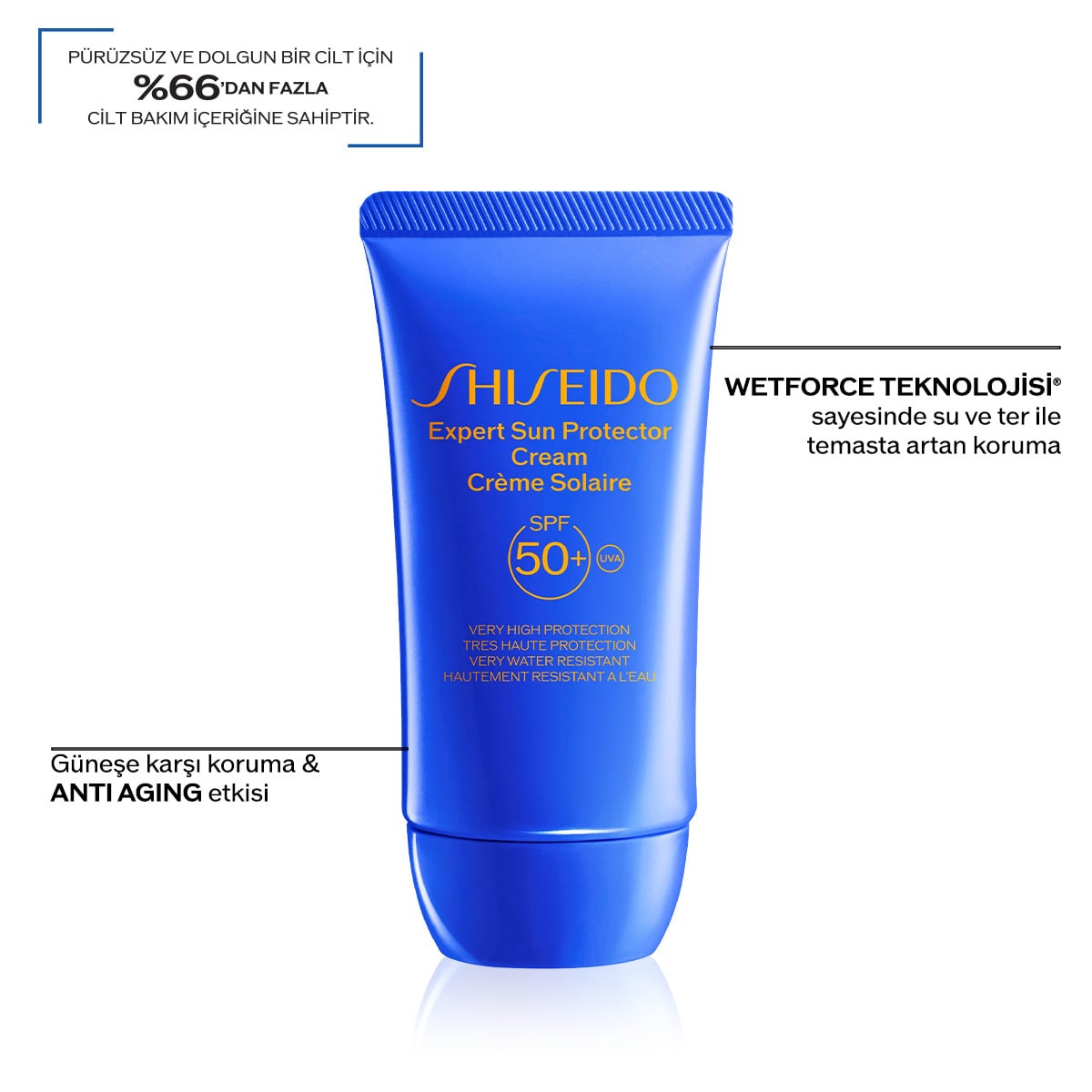 %65 Cilt Bakım İçerikli, Suya ve Isıya Dayanıklı, Hyalüronik Asit İçeren Güneş Koruyucu Krem SPF50+ - Yüz